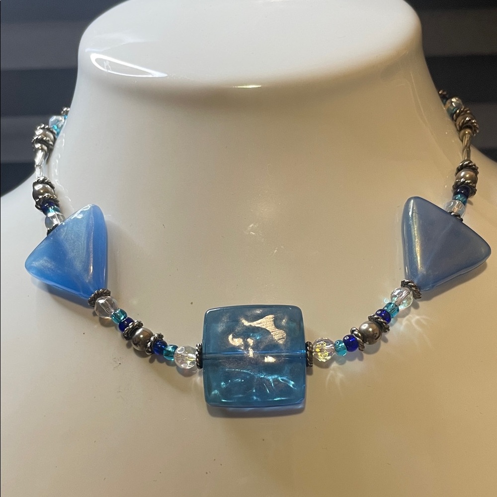 Elegant Blue Acrylic & Glass Beaded Necklace